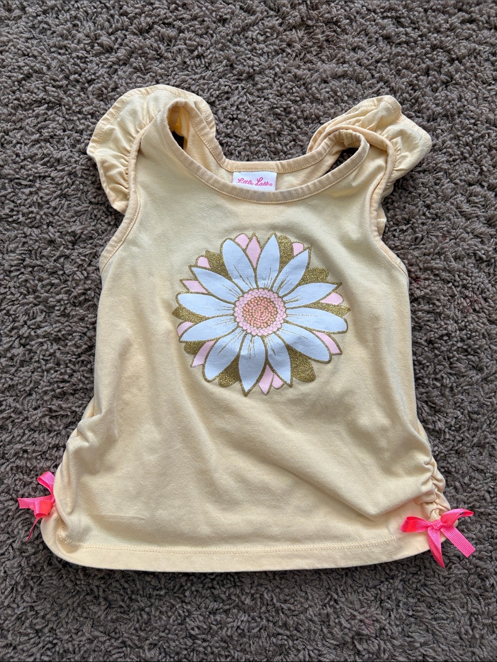 Little Lass Cream Daisy Tank Top with Pink Bows